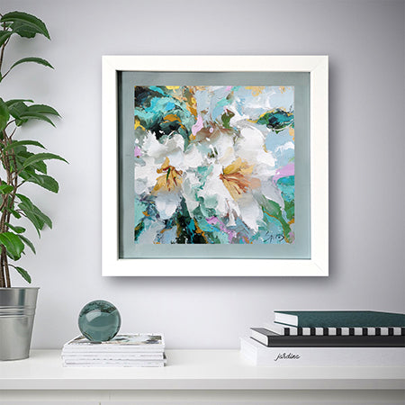 Contemporary abstract floral art painting titled Abstract Flowers 7, featuring expressive movement, layered colors, and modern abstract floral composition
