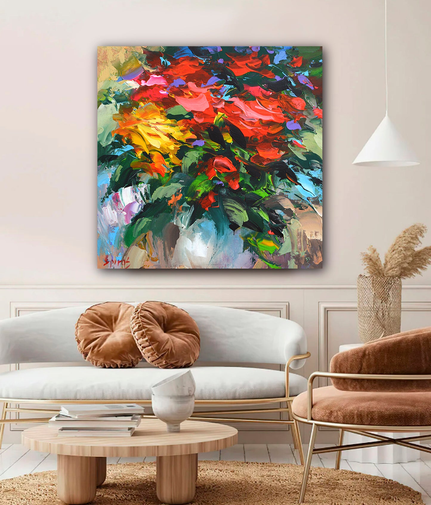 Floral still life wall art with yellow flowers in modern interior