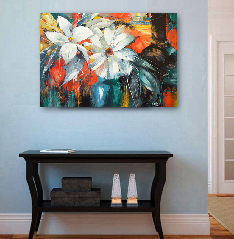 Floral still life wall art with yellow flowers in modern interior