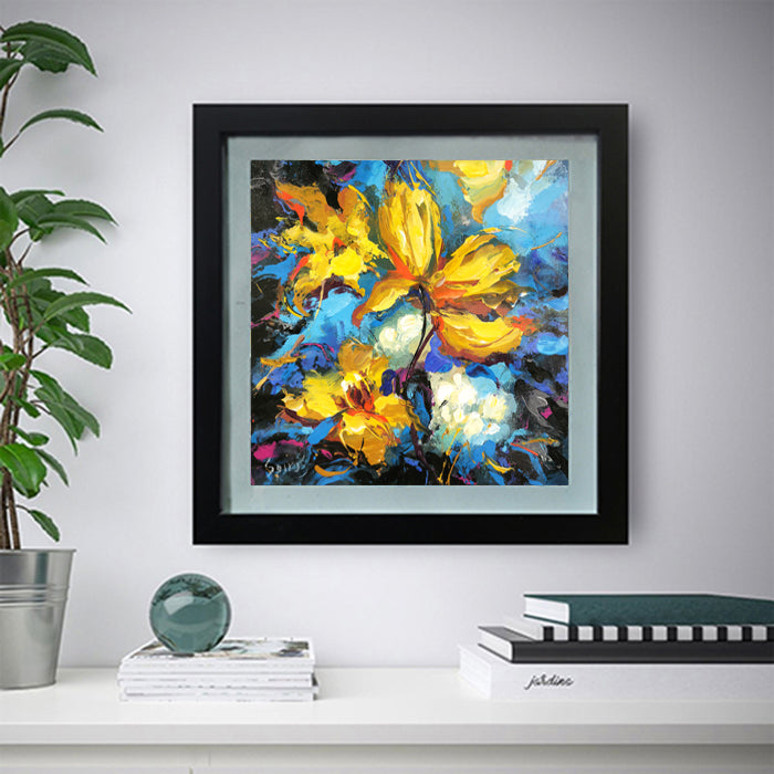 Imagine a painting where abstract flowers in vibrant yellow and varying shades of blue stand out against a dramatic blue and black background. The backdrop is a rich tapestry of deep blues and inky blacks, creating a sense of depth and mystery. This dark, moody background serves as the perfect canvas for the bright, lively flowers to come alive.