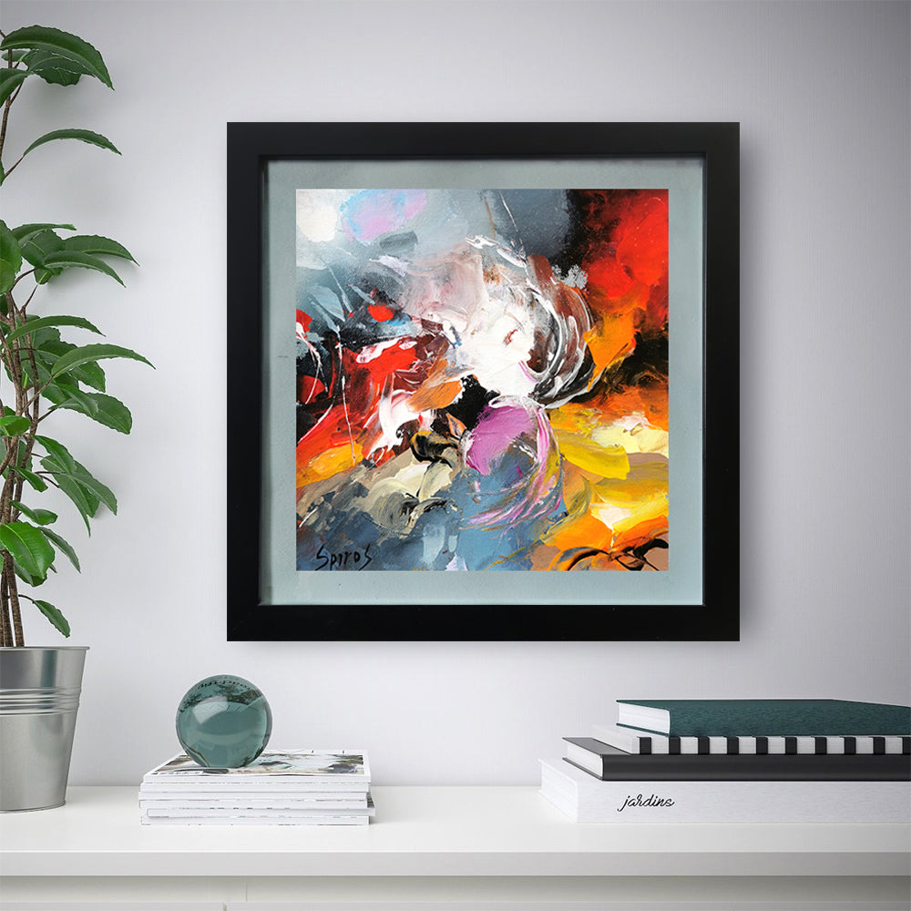 Imagine a painting where abstract flowers bloom with an explosion of black, yellow, and orange hues. The background is a vibrant canvas, splashed with varying shades of black that create depth and mystery. Amidst this dark backdrop, large swathes of yellow and orange burst forth, resembling petals in a wild, unrestrained dance.