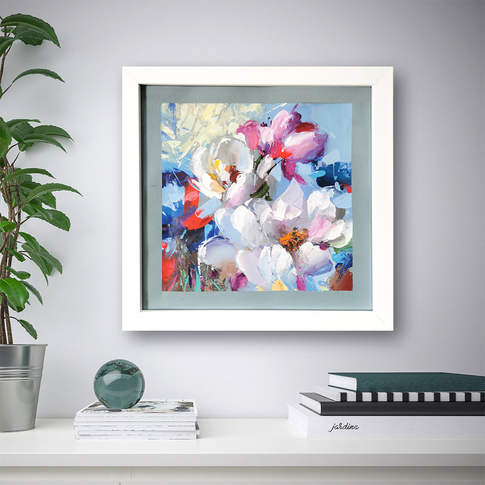 Imagine a painting where abstract flowers bloom in a serene palette of white, pink, and blue. The background is a soft, ethereal canvas, perhaps a muted grey or a very light pastel, creating a calm and dreamy atmosphere. Against this gentle backdrop, the flowers emerge in delicate yet striking hues.