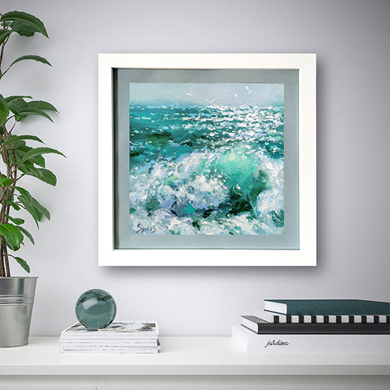 Dynamic coastal seascape painting titled Sea Waves, featuring ocean movement, expressive brushwork, and natural light reflecting on rolling waves