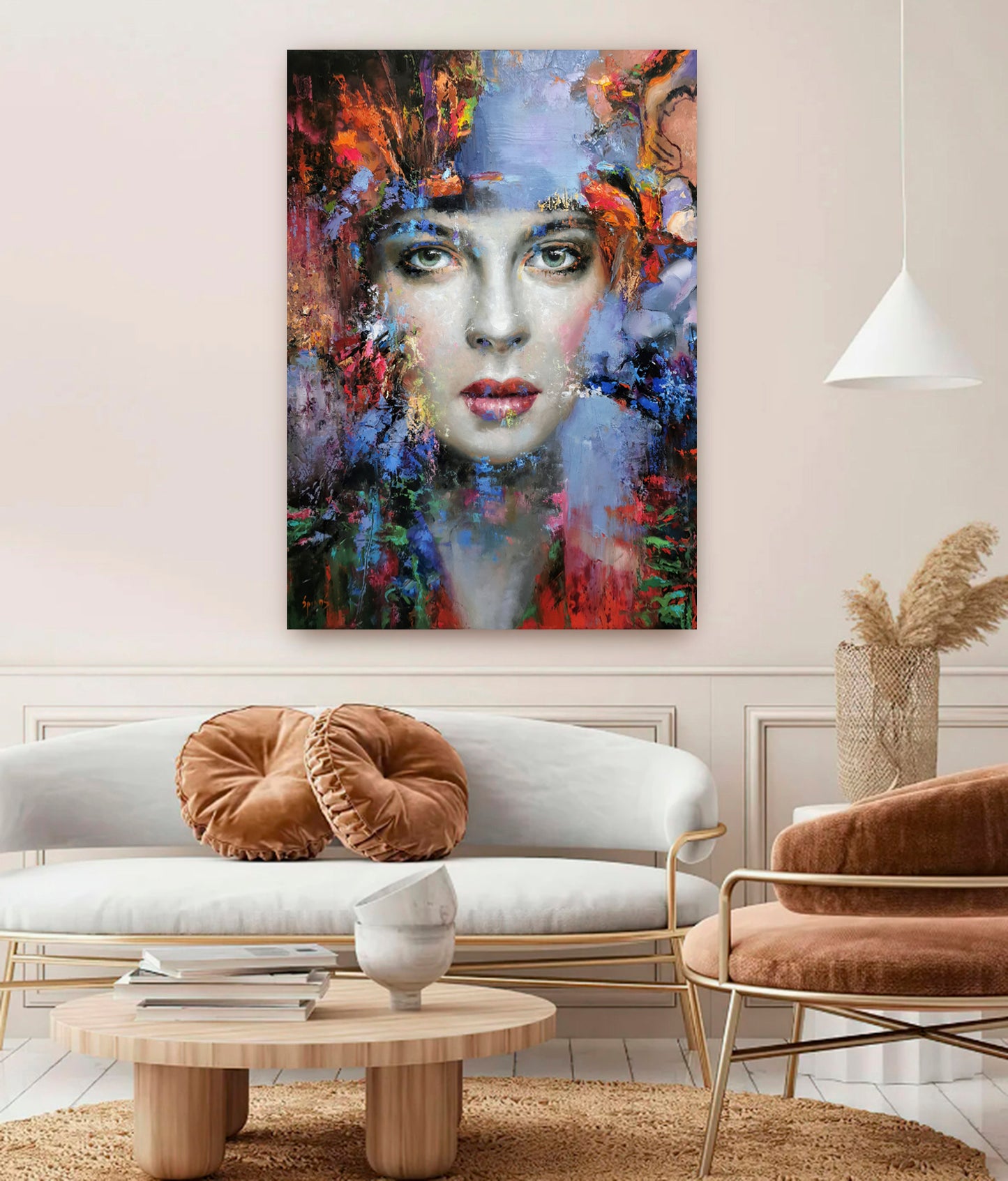 Surreal abstract female portrait art print displayed in a modern interior setting