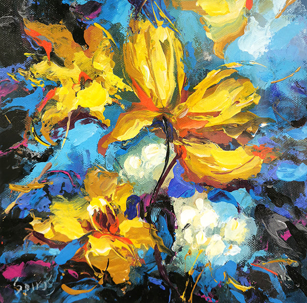 Imagine a painting where abstract flowers in vibrant yellow and varying shades of blue stand out against a dramatic blue and black background. The backdrop is a rich tapestry of deep blues and inky blacks, creating a sense of depth and mystery. This dark, moody background serves as the perfect canvas for the bright, lively flowers to come alive.