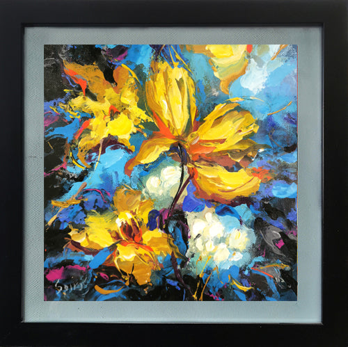Imagine a painting where abstract flowers in vibrant yellow and varying shades of blue stand out against a dramatic blue and black background. The backdrop is a rich tapestry of deep blues and inky blacks, creating a sense of depth and mystery. This dark, moody background serves as the perfect canvas for the bright, lively flowers to come alive.