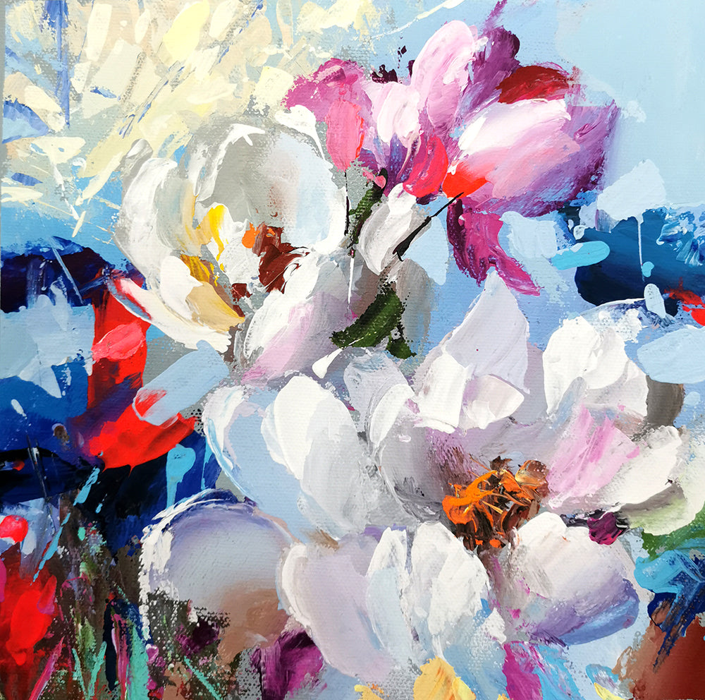 Imagine a painting where abstract flowers bloom in a serene palette of white, pink, and blue. The background is a soft, ethereal canvas, perhaps a muted grey or a very light pastel, creating a calm and dreamy atmosphere. Against this gentle backdrop, the flowers emerge in delicate yet striking hues.