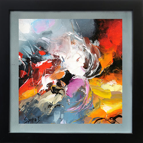 Imagine a painting where abstract flowers bloom with an explosion of black, yellow, and orange hues. The background is a vibrant canvas, splashed with varying shades of black that create depth and mystery. Amidst this dark backdrop, large swathes of yellow and orange burst forth, resembling petals in a wild, unrestrained dance.