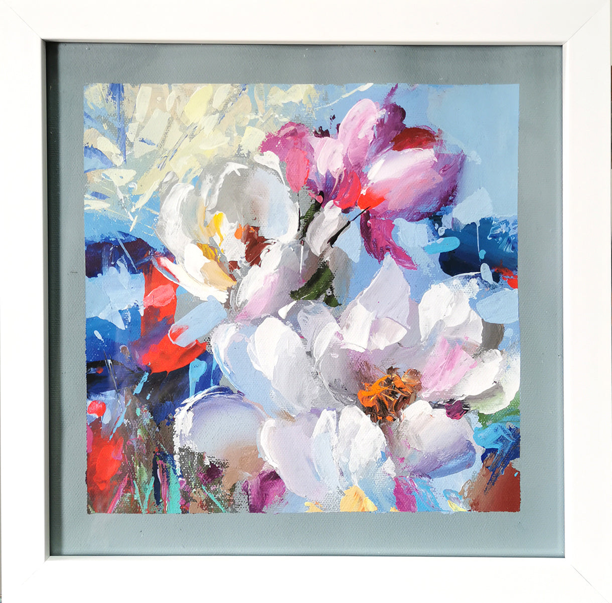 Imagine a painting where abstract flowers bloom in a serene palette of white, pink, and blue. The background is a soft, ethereal canvas, perhaps a muted grey or a very light pastel, creating a calm and dreamy atmosphere. Against this gentle backdrop, the flowers emerge in delicate yet striking hues.