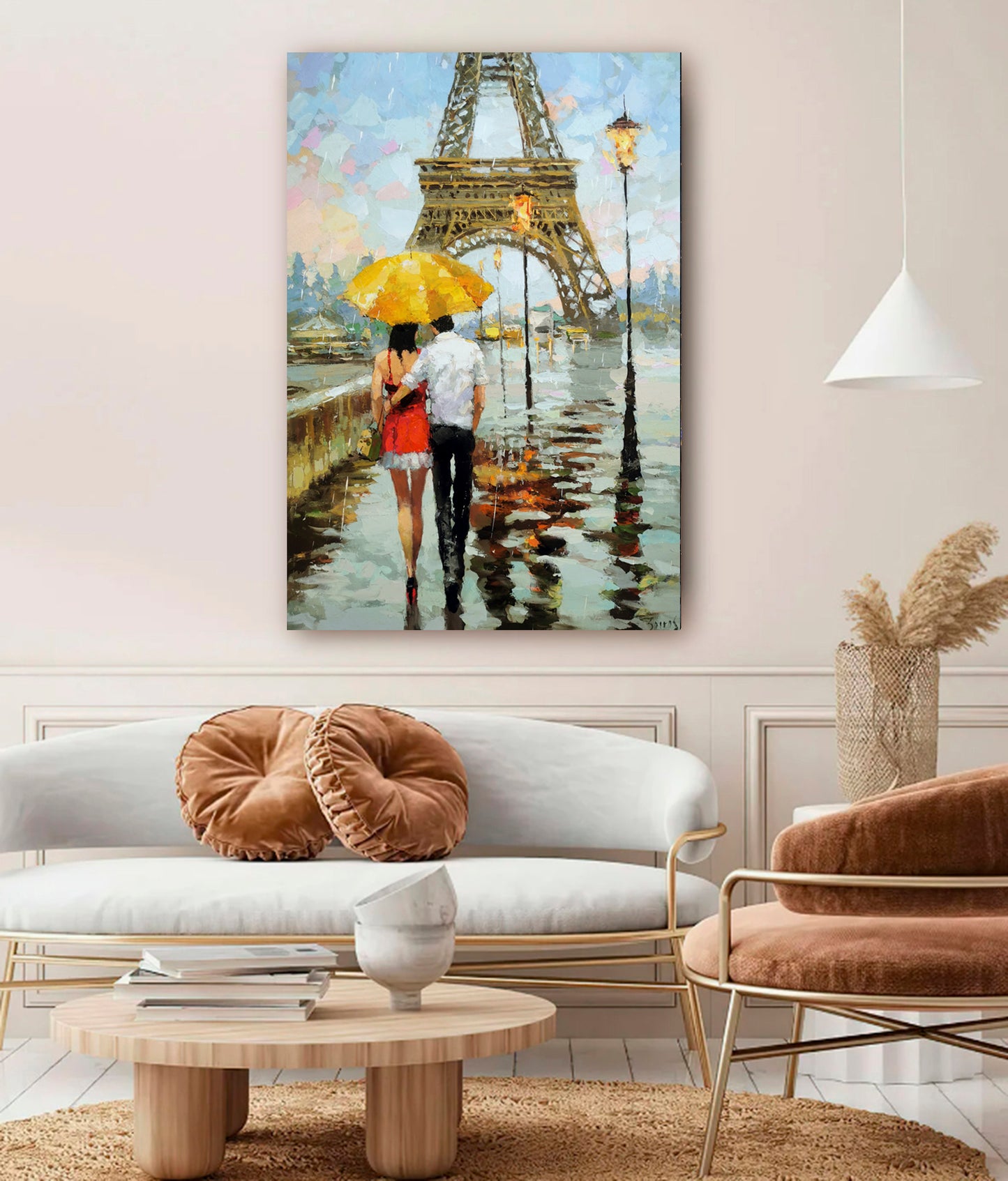 Romantic Paris rain painting of a couple under a yellow umbrella near the Eiffel Tower by Dmitry Spiros