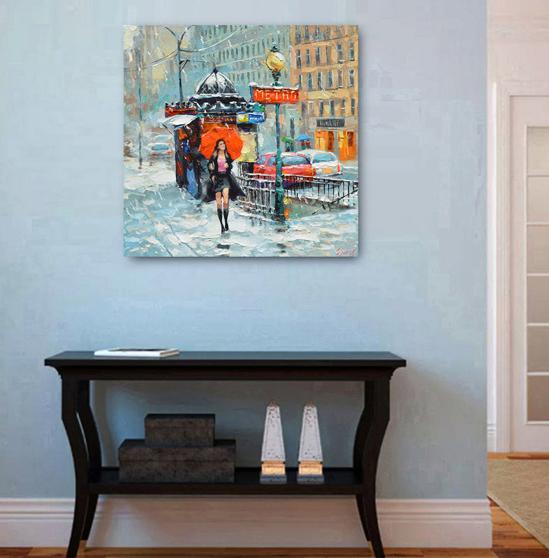 Woman with Umbrella – Parisian Street Painting in the Rain