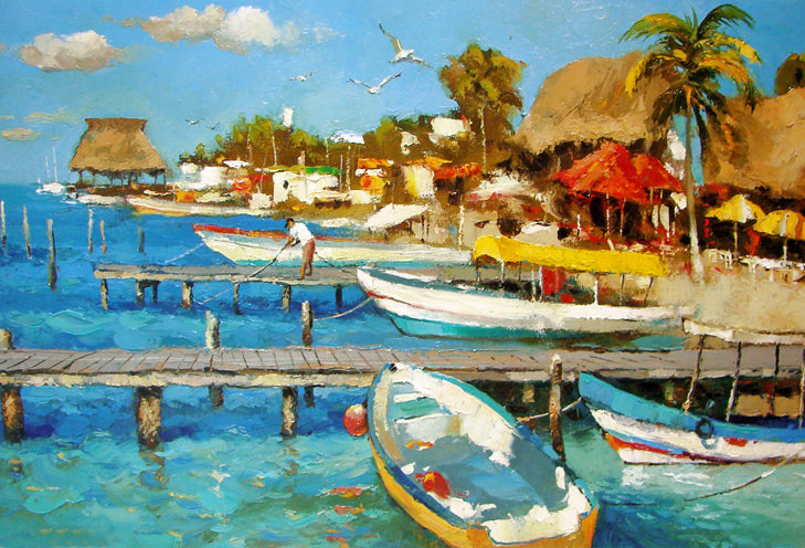 seascape caribbean beach boats painting