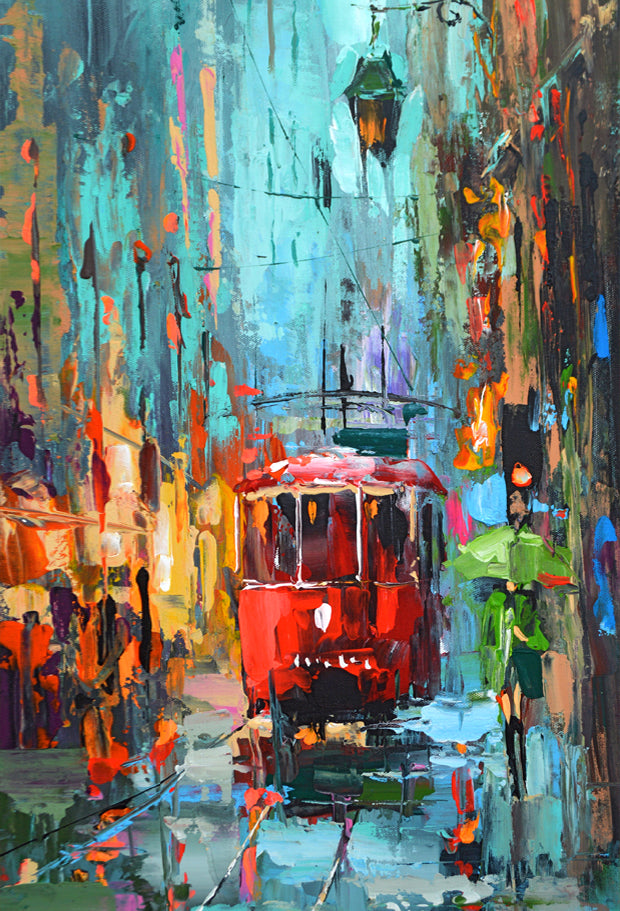 red tram rainy cities in europe portuges