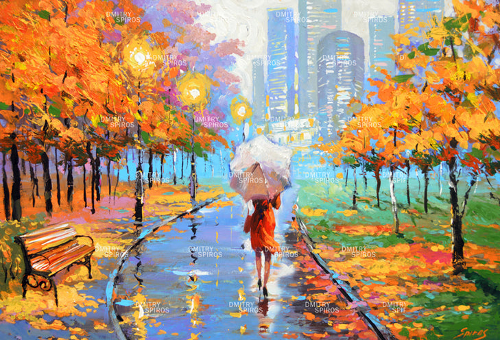 Autumn cityscape park rainy evening