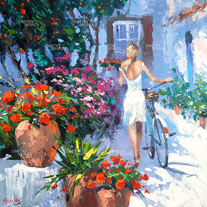 Landscape flowers Girl with a bike painting