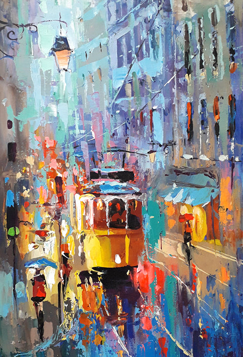 Abstract cityscape tram rain