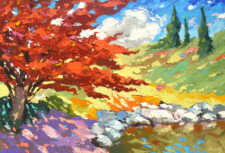 red tree pond landscape painting