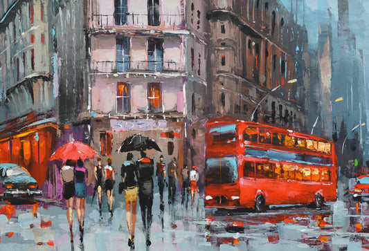 london cityscape rain people on streets painting