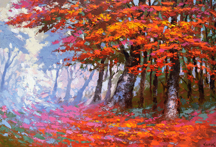 Red Autumn forest with trees leaves fall painting