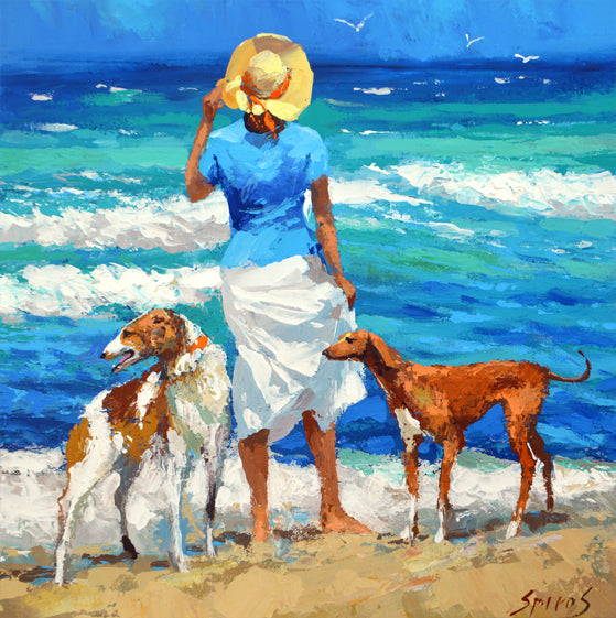 Seascape with woman and dogs ocean viewpainting