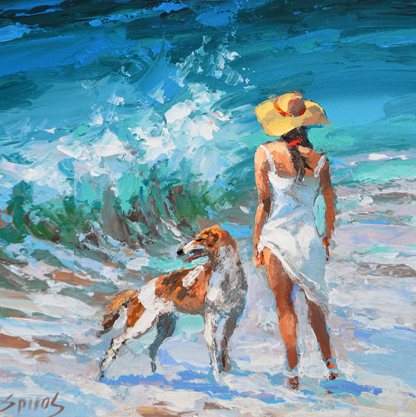 gerl with dog at the shore seascape ocean painting