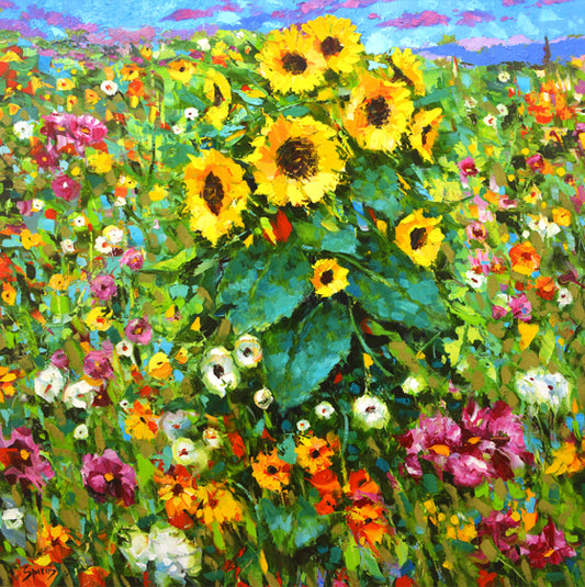 sunflowers field with flowers painting