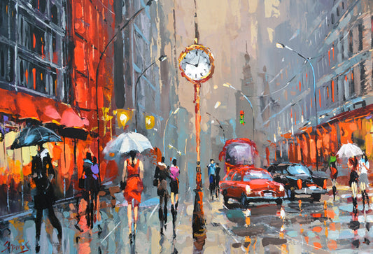 cityscape people with umbrellas rainy evening painting