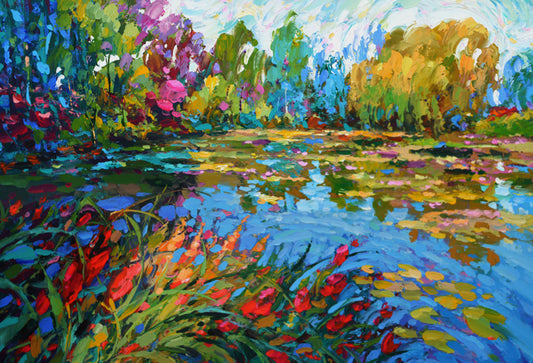 Monet garden pond lake with flowers painting