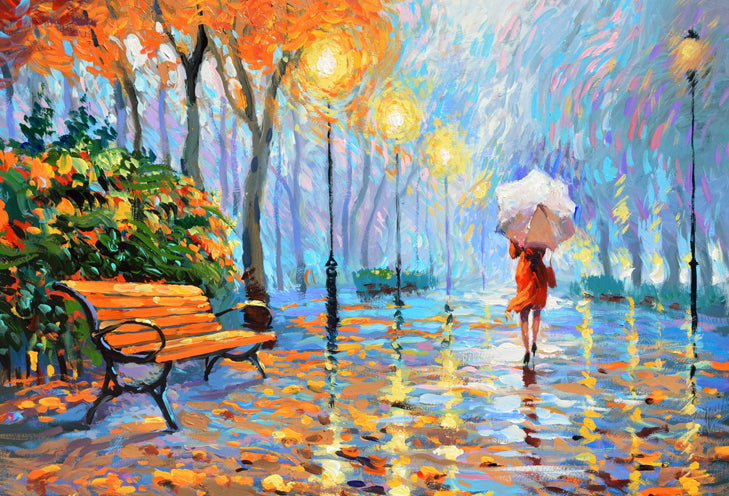 Autumn rain cityscape woman with umbrella painting