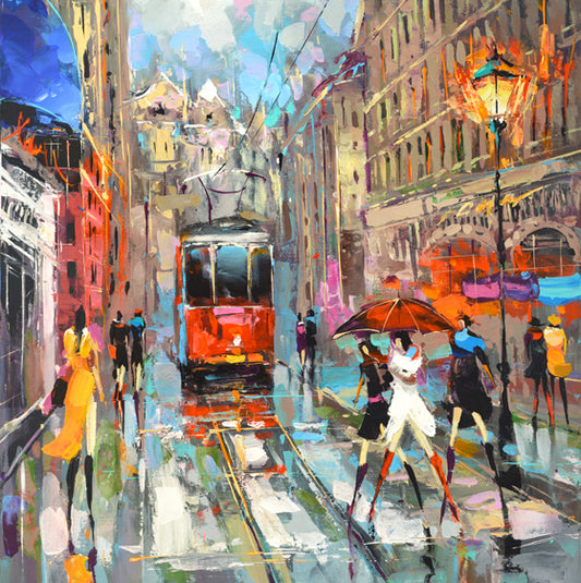 Cityscape rain women with umbrellas painting by Dmitry Spiros