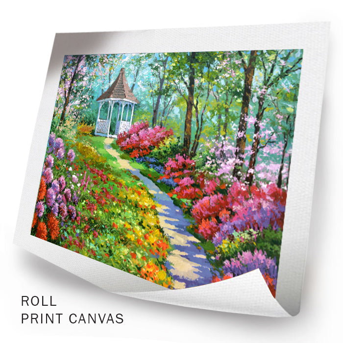 painting flowerfield and a gazebo with flowers around the path