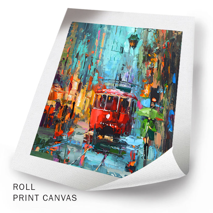 A rainy evening painting with a woman with umbrella and a tram