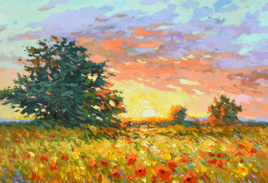 landscape field with poppies sunset painting