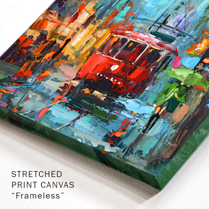 A rainy evening painting with a woman with umbrella and a tram