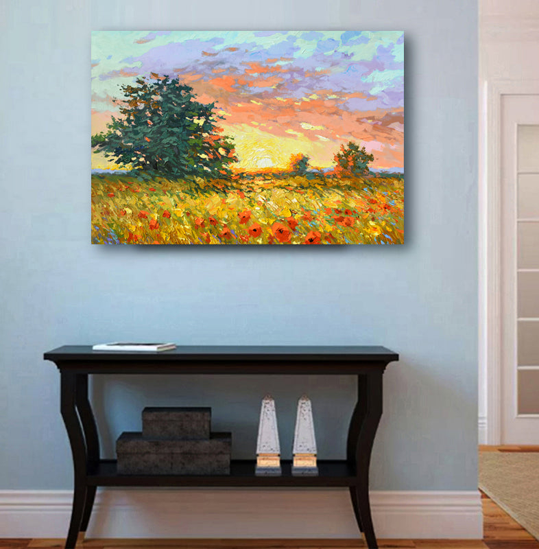 Sunset - Original Impressionist field with poppies Landscape Painting