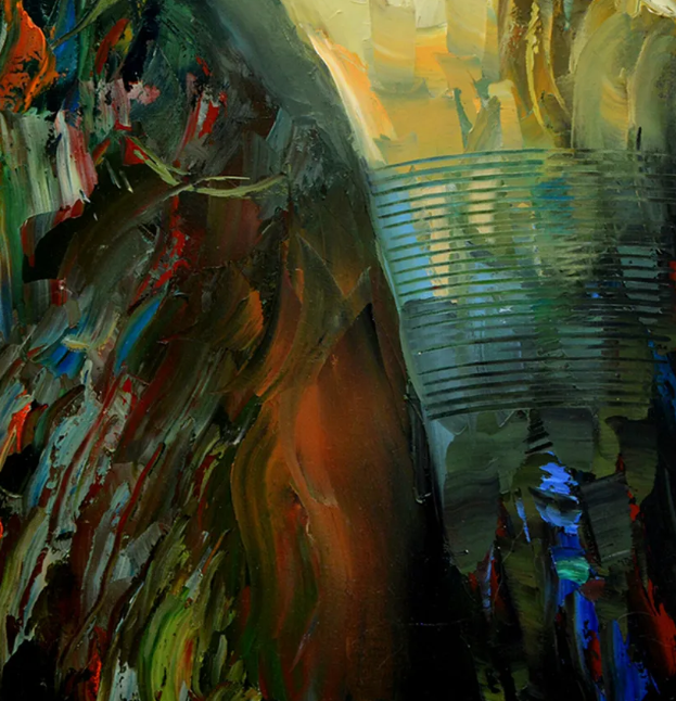 Close-up showing layered paint textures, flowing colors, and expressive abstract details from the woman's dress.