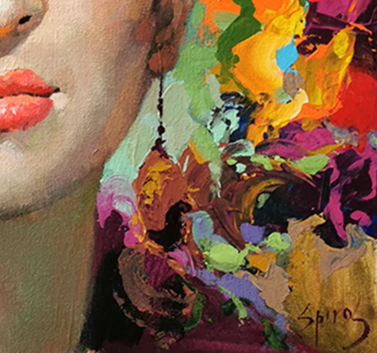 Detailed section of the portrait featuring vibrant floral elements, layered paint textures, and colorful ornamental patterns.