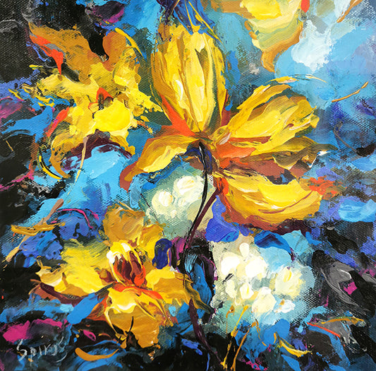 Imagine a painting where abstract flowers in vibrant yellow and varying shades of blue stand out against a dramatic blue and black background. The backdrop is a rich tapestry of deep blues and inky blacks, creating a sense of depth and mystery. This dark, moody background serves as the perfect canvas for the bright, lively flowers to come alive.