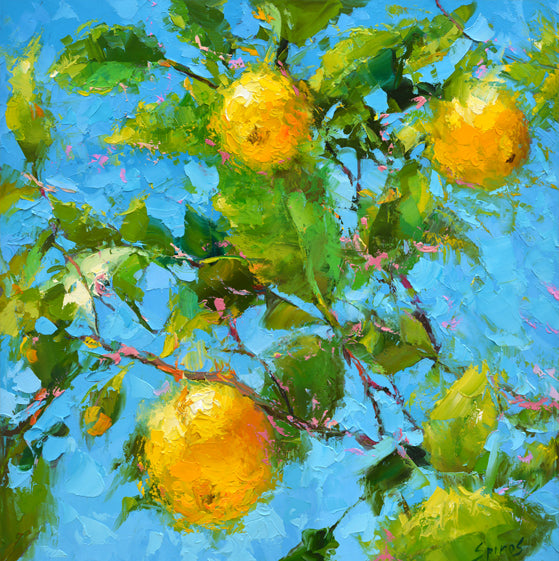 Abstract painting of bright yellow lemons on leafy branches against a vibrant blue background, created with expressive textured brushstrokes.