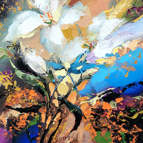 Abstract magnolia flowers painting with soft white petals, elegant brushstrokes, and modern floral composition
