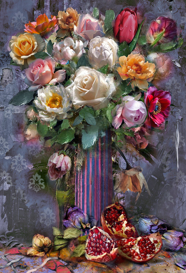 Abstract floral painting featuring white roses and mixed flowers in a vase with pomegranates, textured background and rich artistic details.