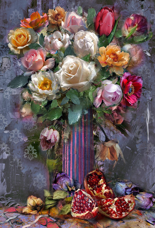 Abstract floral painting featuring white roses and mixed flowers in a vase with pomegranates, textured background and rich artistic details.