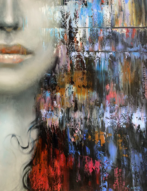 Contemporary abstract woman portrait painting featuring layered textures, expressive brushwork, and elegant neutral tones.