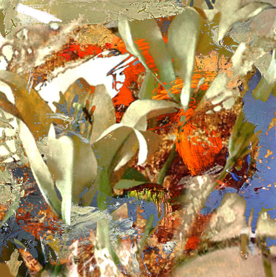 Abstract floral painting with white flowers and subtle gold accents, modern expressive flower composition artwork