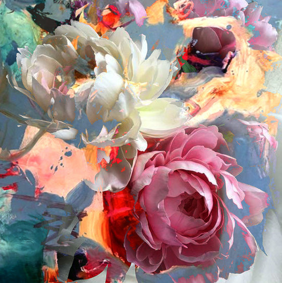 Abstract floral painting featuring white and pink roses with soft textures and expressive brushstrokes, elegant contemporary flower art for modern interiors