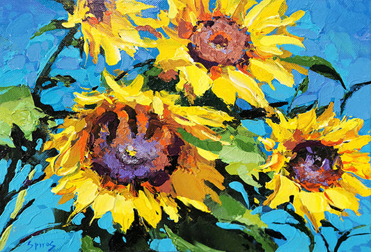 Abstract sunflower painting featuring vibrant yellow sunflowers against a deep cobalt blue background, expressive brushstrokes and modern floral composition