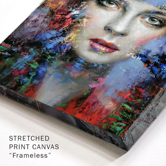 Abstract surreal female portrait detail showing palette knife textures and vibrant colors
