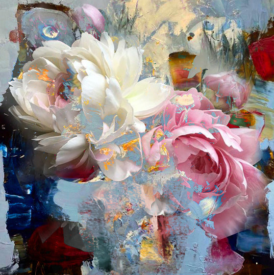 Abstract floral painting featuring white and pink roses with soft brushstrokes, elegant composition, and a modern expressive style, ideal for contemporary wall art and interior decor.