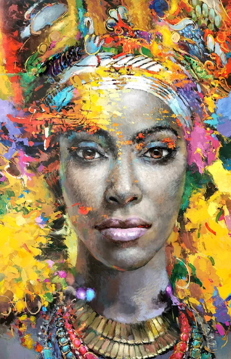 Modern African woman portrait painting with colorful ornamental details