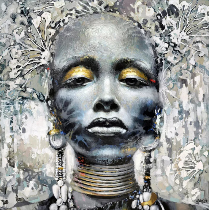 Modern African woman portrait painting with ornamental details and elegant expression